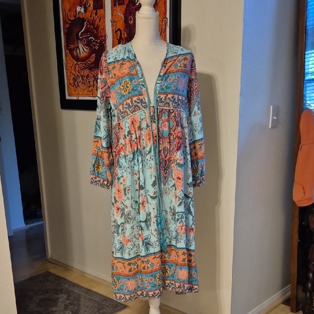 R Vivimos Loose 3/4 Sleeve Midi Dress Turquios Vneck